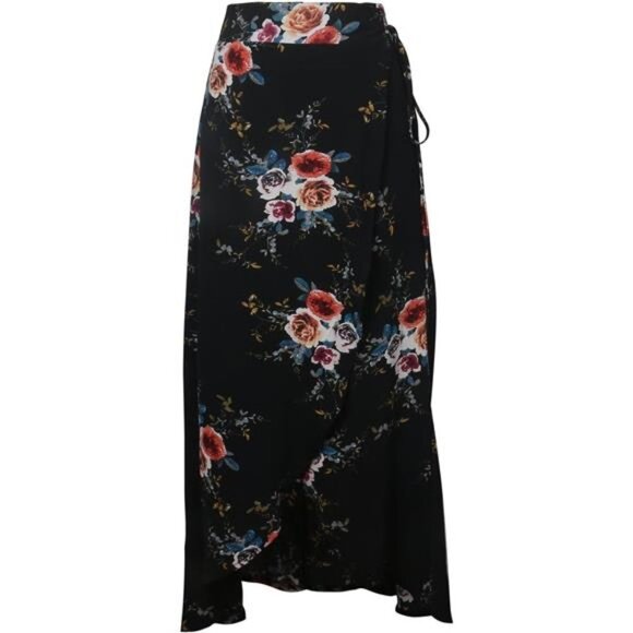 Boho Black Floral Print Tie Waist Wrap Maxi Skirt Leg Slit Flowy Skirt Cover Up - Picture 4 of 9